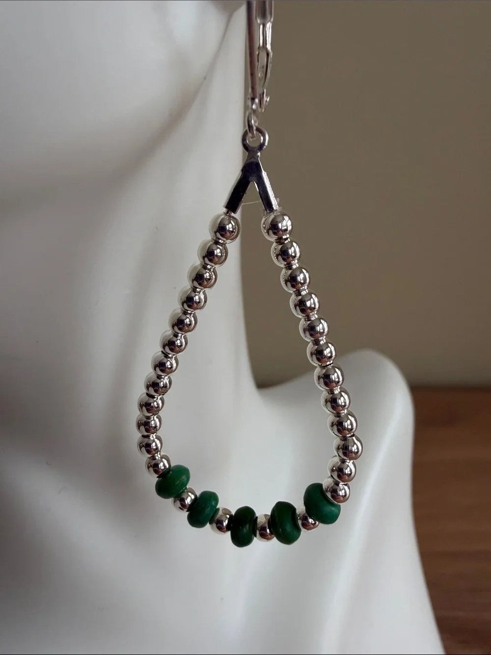 HAND CRAFTED GREEN APPLE TURQUOISE & SILVER TEARDROP HOOP EARRINGS